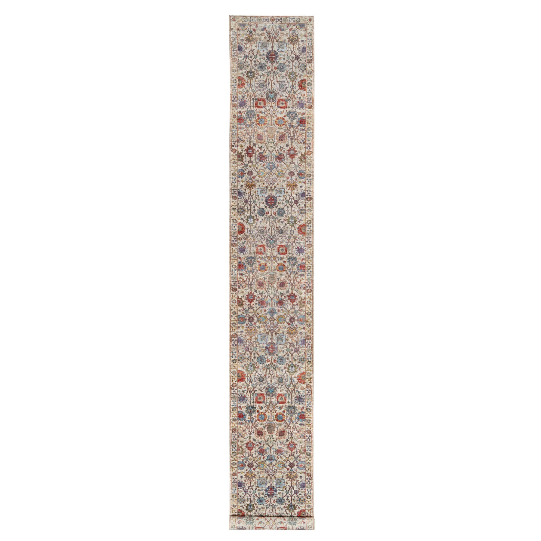 2'6"x18'4" Dover White, Tabriz Vase With Flower Design, Hand Knotted Silk With Textured Wool, Plush and Lush Soft Pile, Colorful Oriental XL Runner Rug 